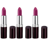 Rimmel Lasting Finish Amethyst Shimmer lipstick 3-pack cap close-up showing bold color