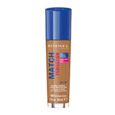 Rimmel Match Perfection Foundation bottle close-up showing Natural Beige 400 for a natural glow.