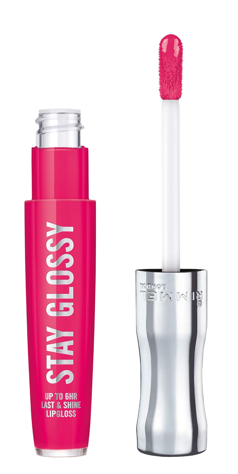 Rimmel Stay Glossy lip gloss bottle closeup showing pink shade and glossy finish