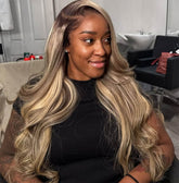 Rina 13x6 wig front view in ombre ash blonde with brown highlights, versatile everyday style.