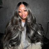 Rina Upgrade wig in black with brown blonde highlight, natural luster and bold style.