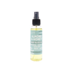 Rinse Almond & Honey body oil spray bottle shows quick-absorb formula for all skin types