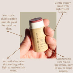Texture close-up of River Organics blush stick showing creamy blendability.