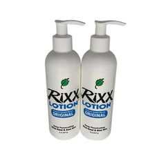 Rixx Lotion Original bottle pour demonstrates fast absorption for hydrated skin