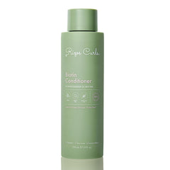 Rizos Curls Biotin Conditioner bottle shows rich moisture for all hair types.