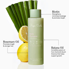 Rizos Curls Biotin Shampoo lather from a clean pump bottle.