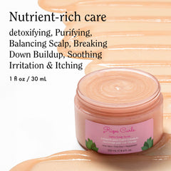 Rizos Curls Detox Scalp Scrub with aloe vera nourishes and hydrates the scalp.