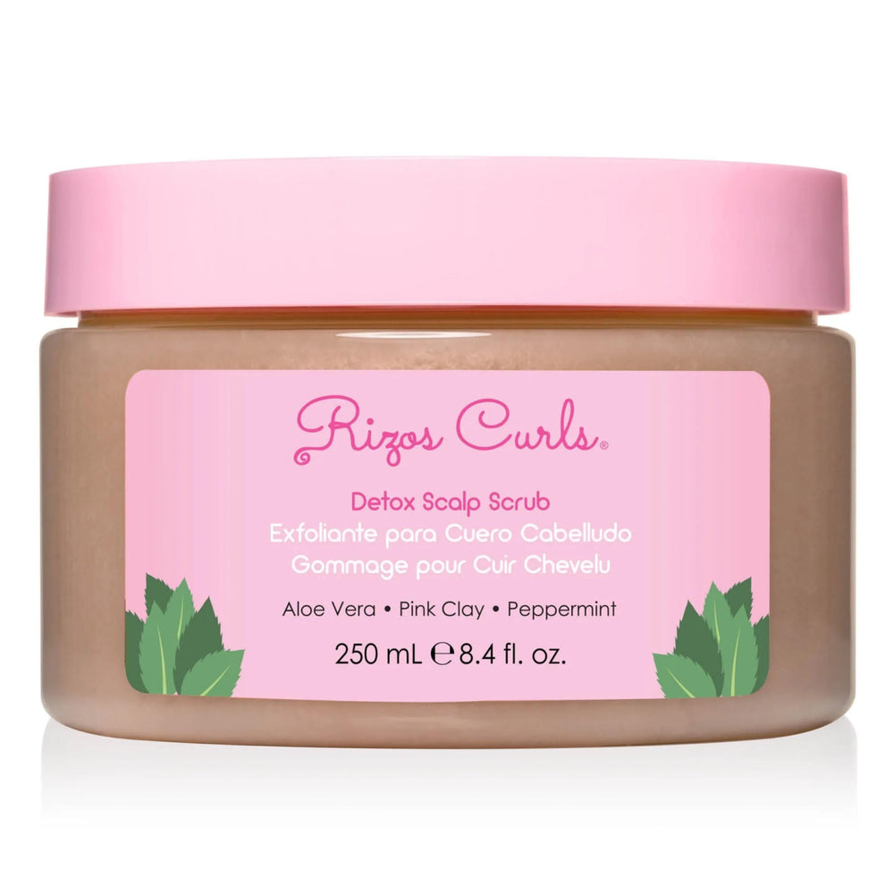 Rizos Curls Detox Scalp Scrub with pink clay exfoliates for a refreshed scalp.