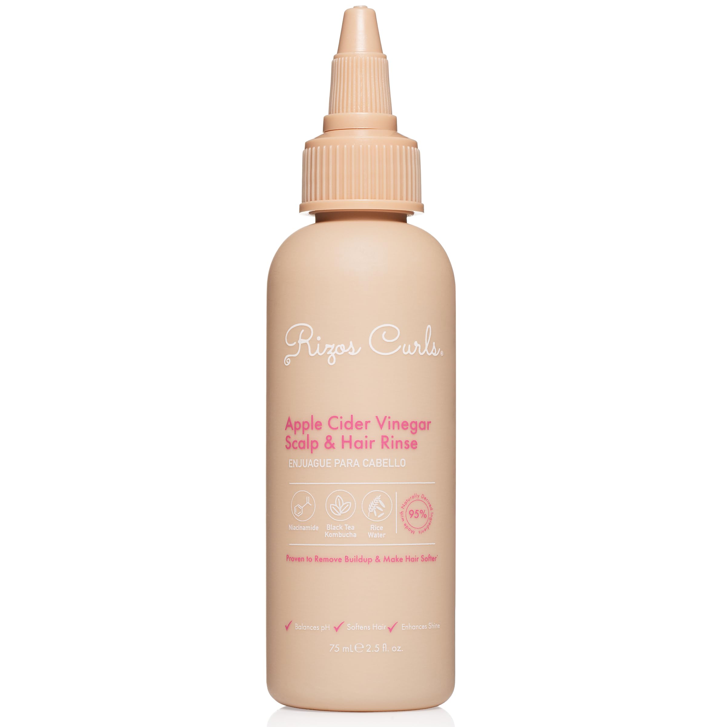 Rizos Curls travel bottle front showing compact clarifying rinse