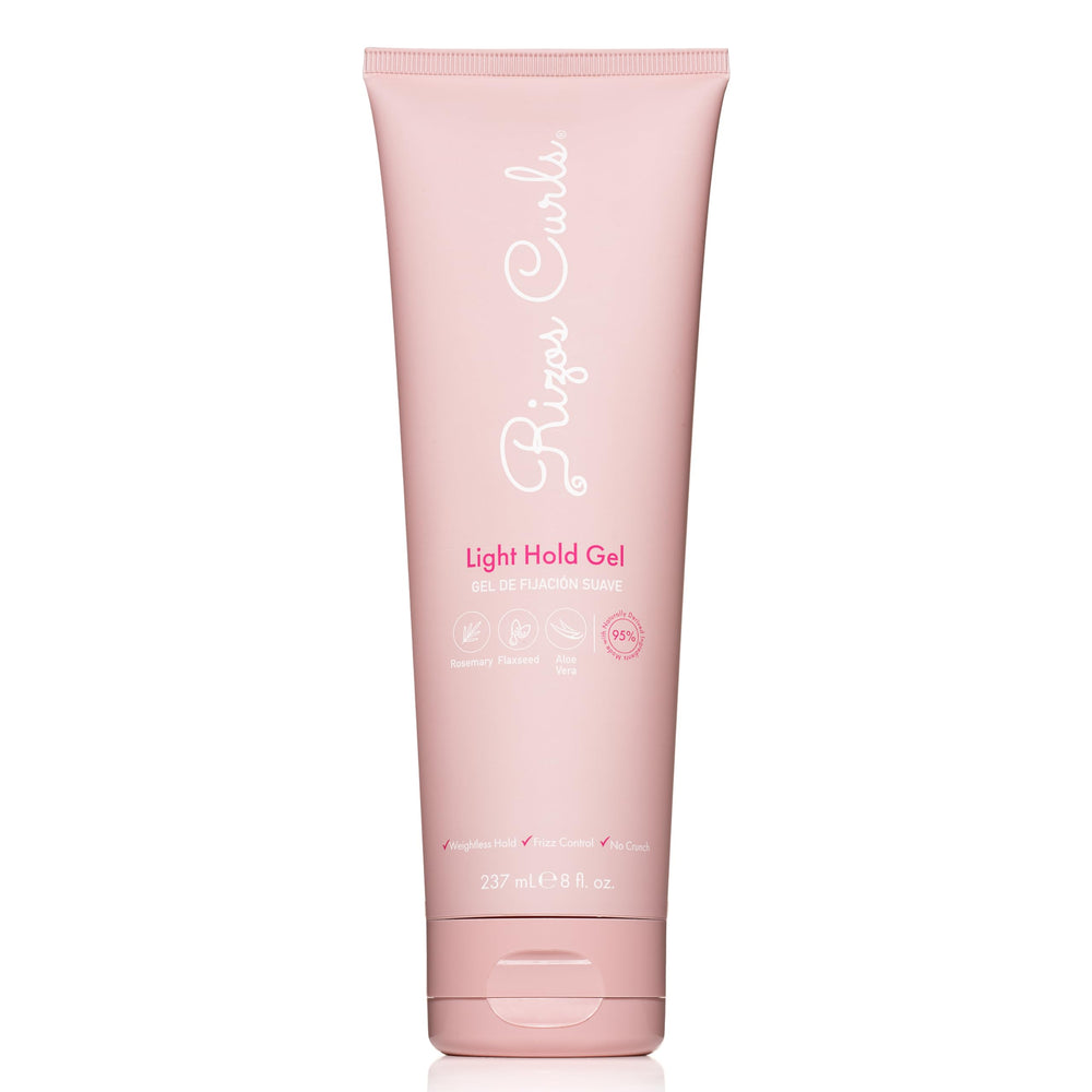 Rizos Curls Light Hold Gel bottle demonstrates flexible curl definition.