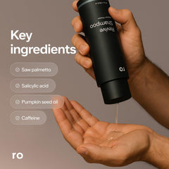 Ro Men's Revive Shampoo featuring saw palmetto supports a fuller look.