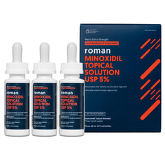 Ro Roman minoxidil bottle shows 5% solution for hair regrowth.