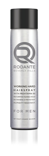 Rodante Beverly Hills Hair Spray bottle demonstrates medium hold for fine hair.