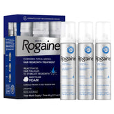 Rogaine 5% foam bottle demonstrates quick-absorbing treatment for thinning hair.