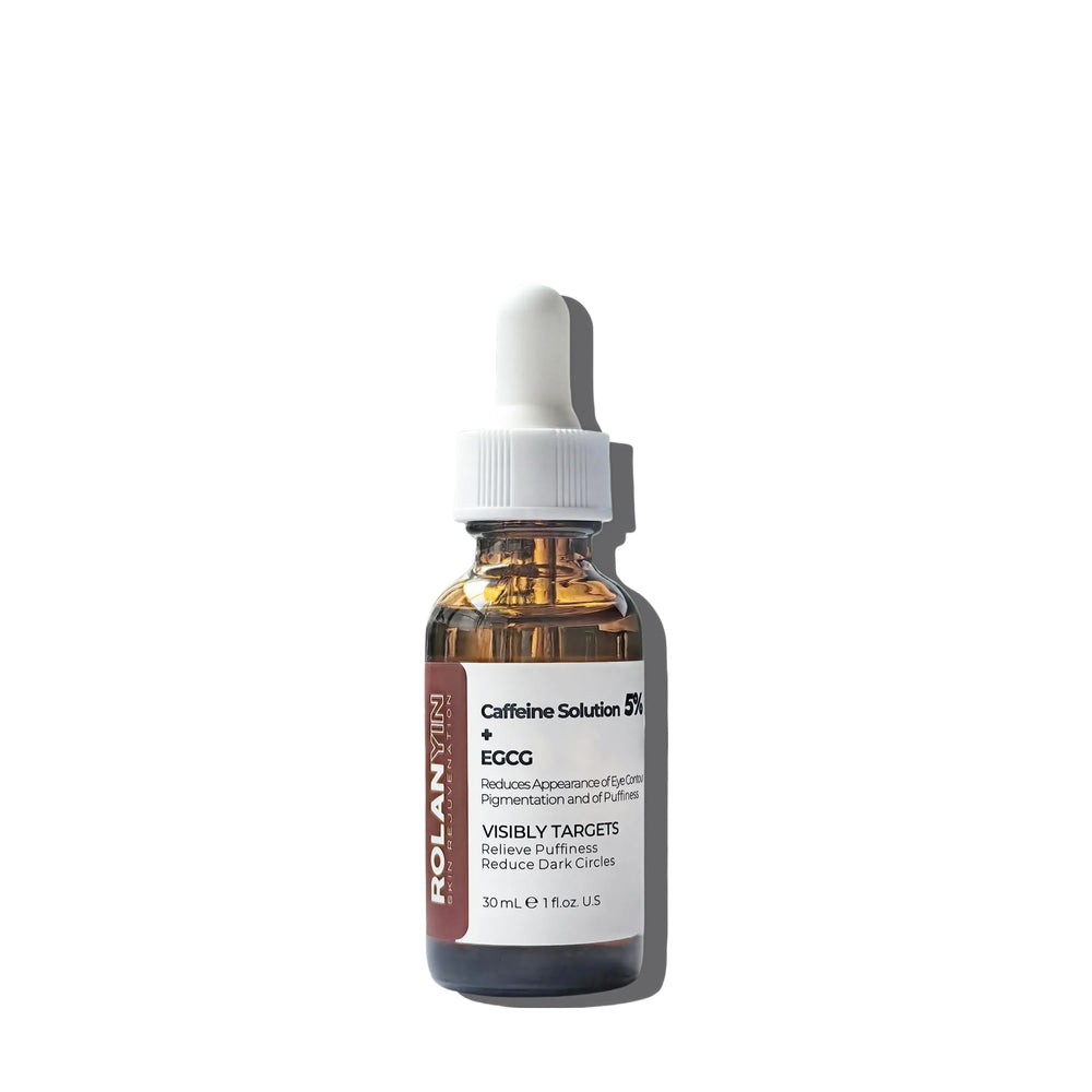 ROLANYIN caffeine solution eye serum bottle close-up for quick absorption