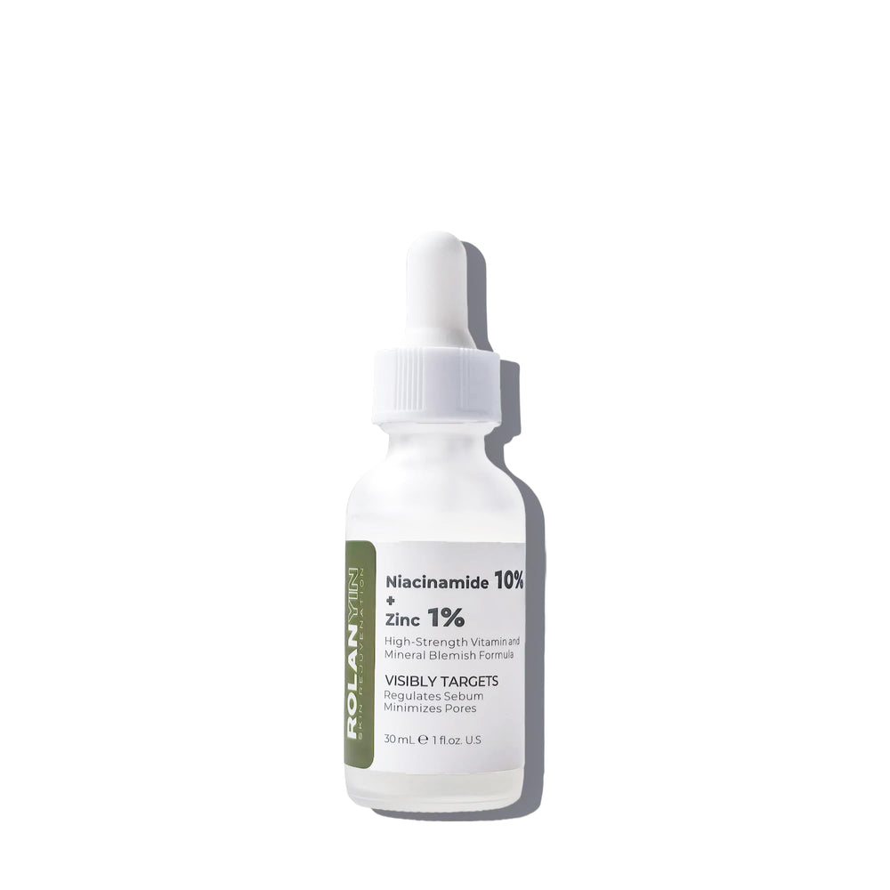 ROLANYIN Niacinamide 10% + Zinc 1% serum bottle showing oil control benefits