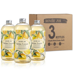 ROMIIE ZOI lemon-scent hand soap refill bottle with refreshing aroma for kitchen use.