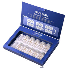 Ronas Stem Cell Solution ampoules packaging highlights compact, travel-friendly anti-aging care.