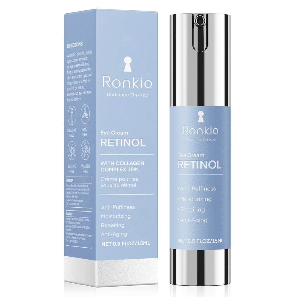 RONKIE Retinol Eye Cream packaging showcasing premium night care benefits for brighter eyes.