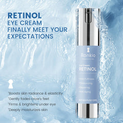 RONKIE Retinol Eye Cream being applied under the eye to reduce puffiness and soften lines.