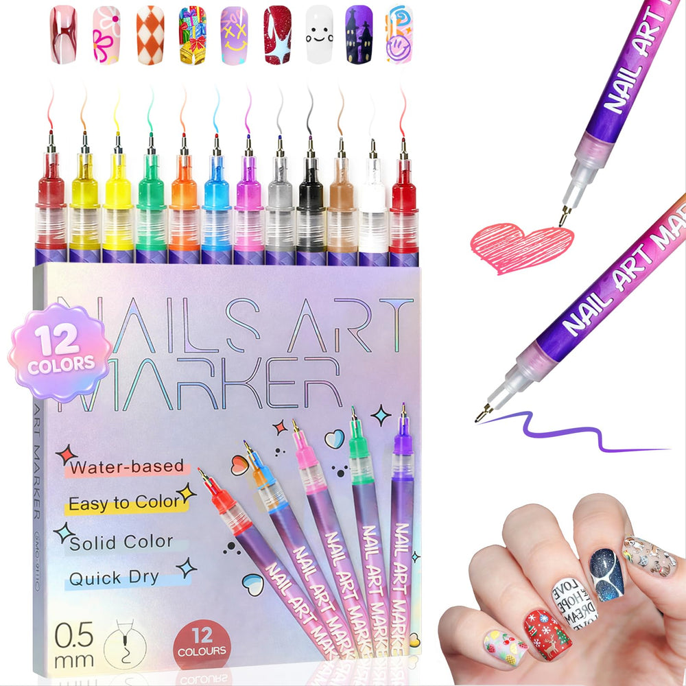 RONYUTON 12-color nail art pens set front view with vibrant colors for versatile designs