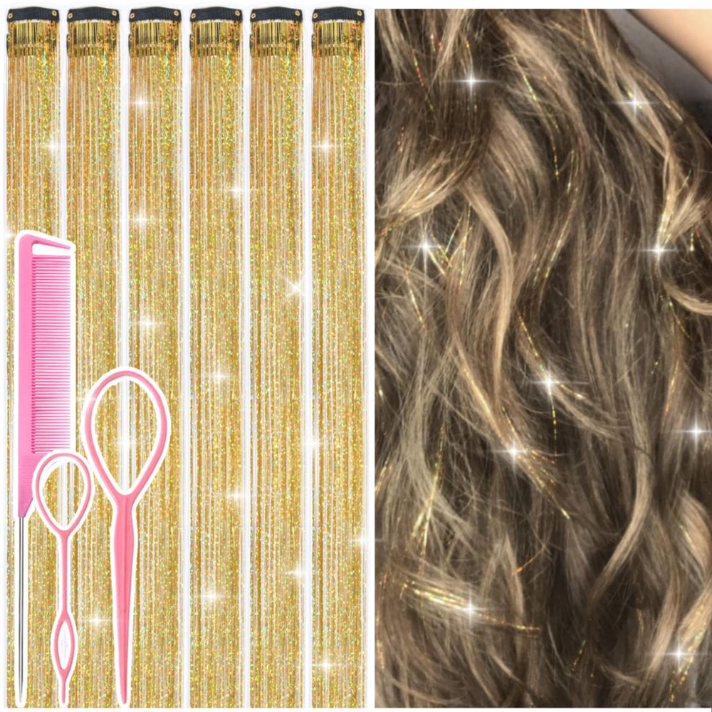 Rootoo gold hair tinsel clip in for festive sparkle and easy wear