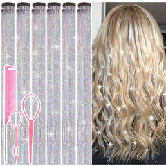 Rootoo hair tinsel clip-in silver 24-inch highlights for festival sparkle