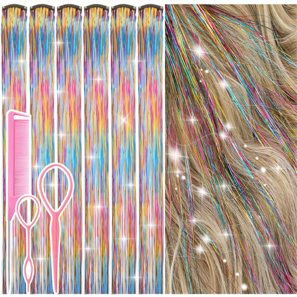 Rootoo rainbow hair tinsel kit clip-in close-up showing vibrant sparkle for party looks