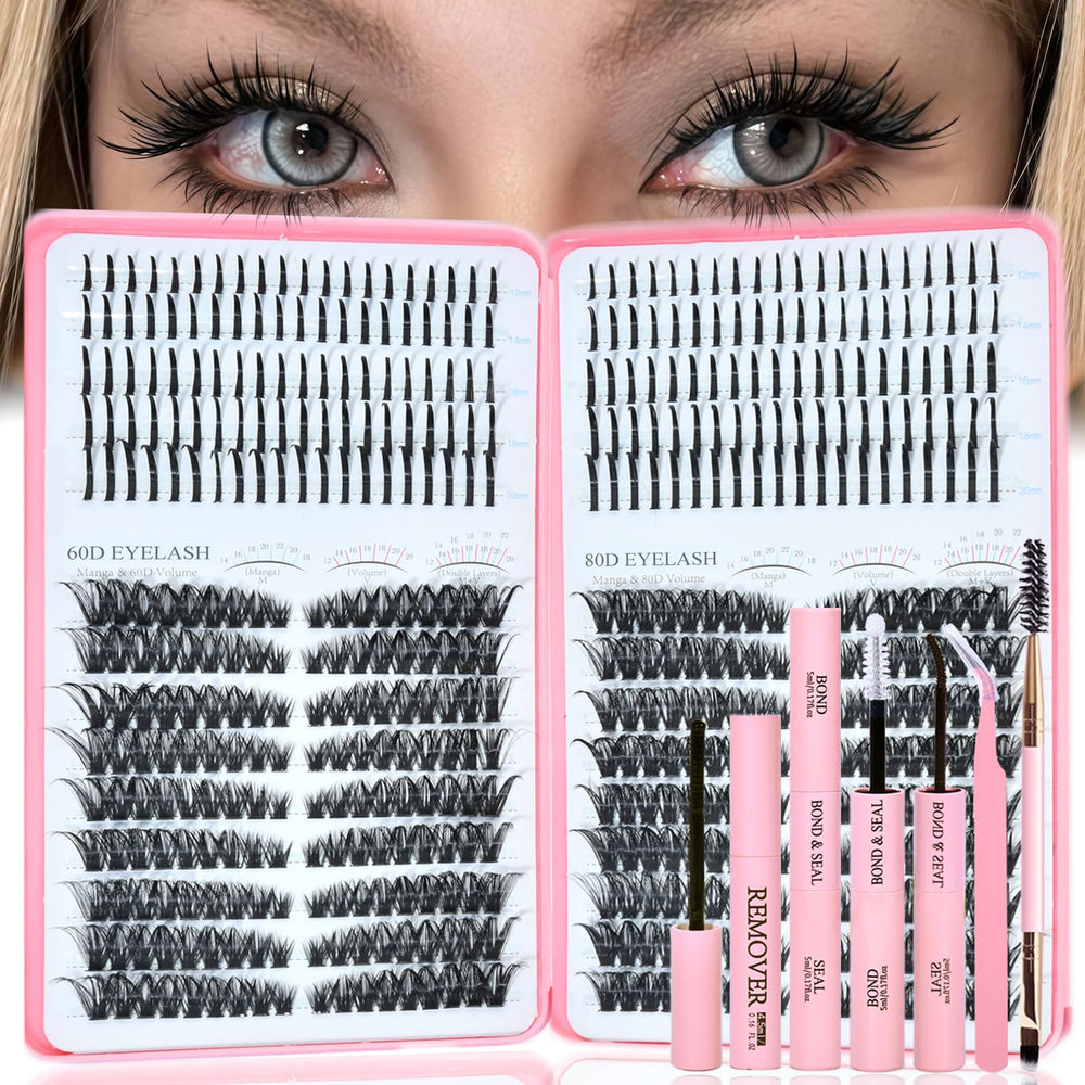 Rootoo Lash Clusters Kit with spikes 60D-80D left-right; dramatic evening fullness.