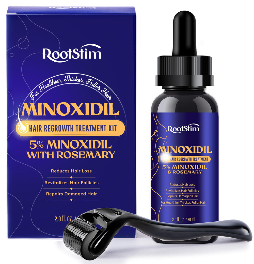 RootStim 5% Minoxidil bottle on white background for potential hair growth support.