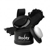 ROOTY Hairline Powder in action delivering instant natural black coverage and lasting hold.
