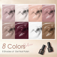 Eight nude-brown shades swatched for versatile nail looks with ROSALIND gel polish.