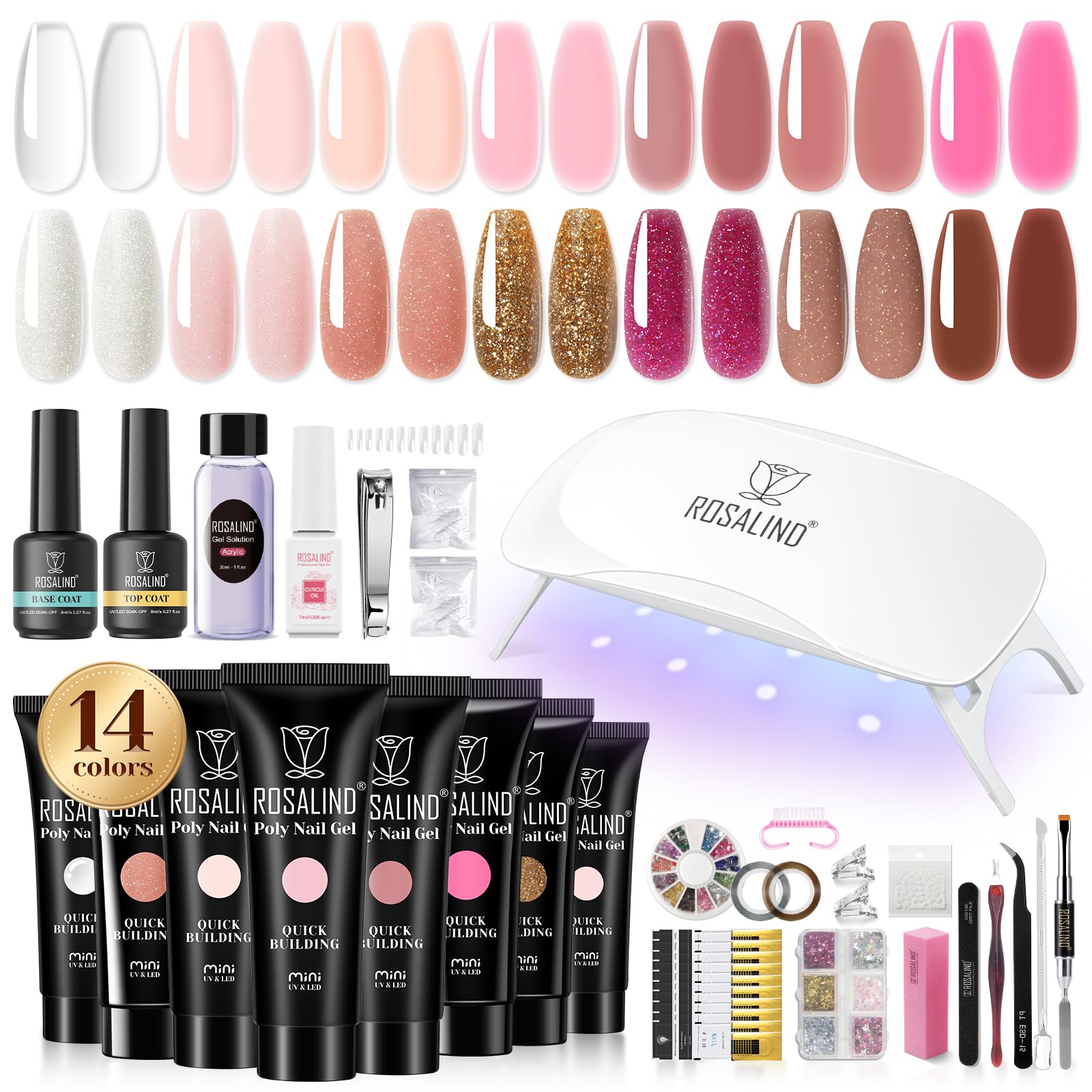 ROSALIND poly nail gel starter palette 14 colors for versatile at-home manicures.