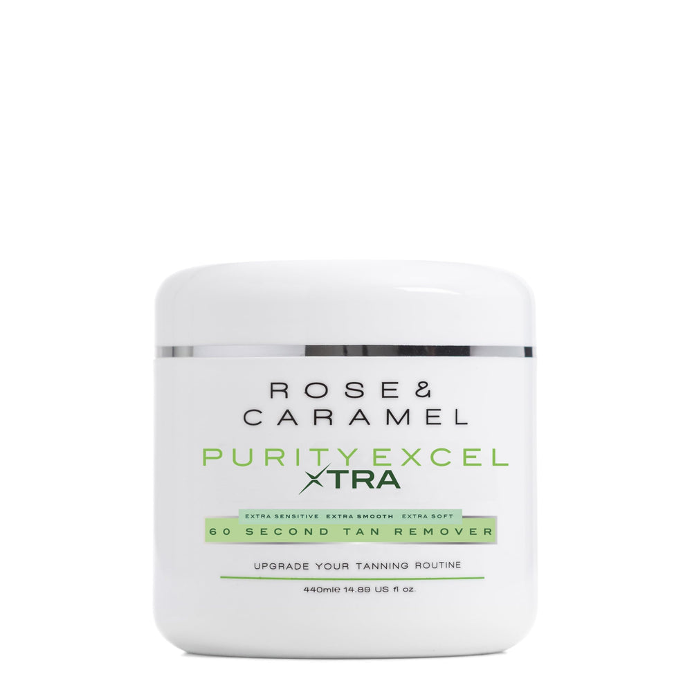 Rose & Caramel Purity Xtra bottle close-up showing premium self-tan remover design and branding.