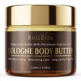 Roseblem Cologne-Inspired body butter for men jar closeup showing creamy texture and branding