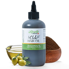 Roselle Naturals Chadian Hair Oil bottle promoting hydration and sleek shine for healthy-looking hair.