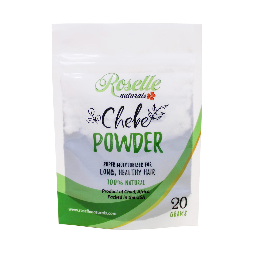 Roselle Naturals Chebe Powder 20g packaging promotes premium hair nourishment.