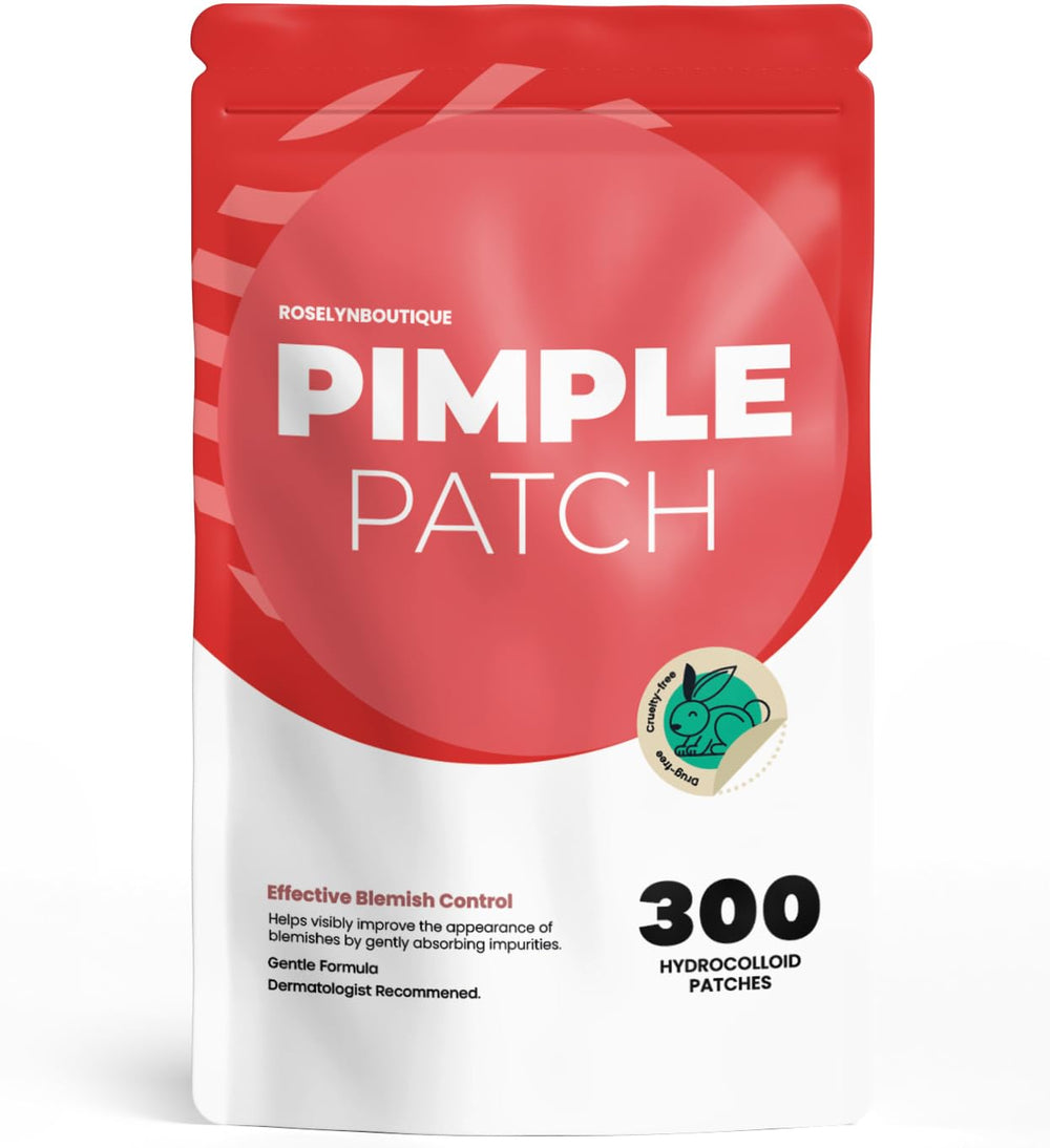 ROSELYNBOUTIQUE pimple patches pack shot showing 300-count pouch for easy acne care.