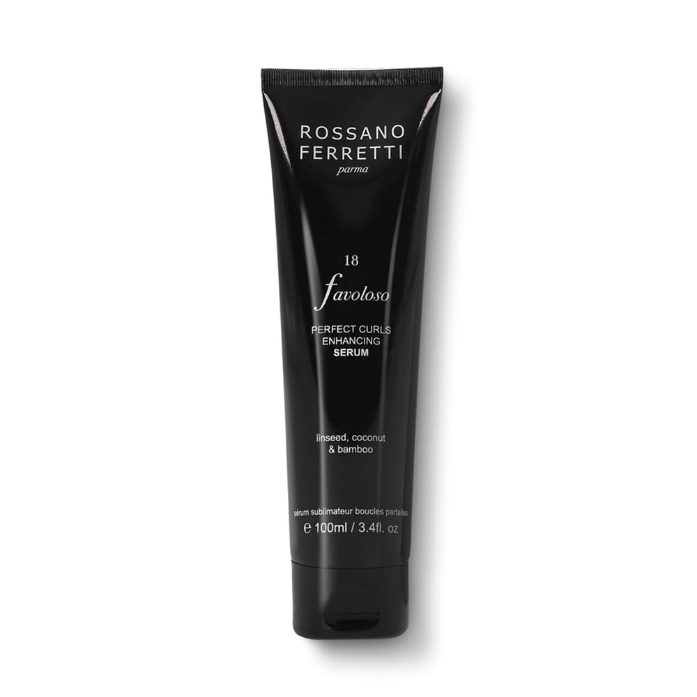 Rossano Ferretti Favoloso serum bottle highlighting defined, hydrated curls.