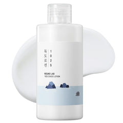 ROUND LAB 1025 Dokdo Lotion bottle pour demonstrates long-lasting hydration for dry skin.