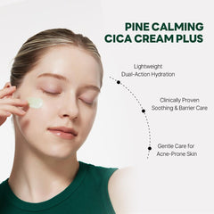 ROUND LAB Pine Cica Calming Cream Plus dual-texture application image highlights soothing gel and cream layers.