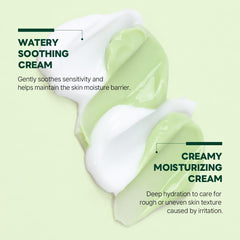 ROUND LAB Pine Cica Calming Cream Plus texture closeup emphasizes non-sticky hydration for sensitive skin.