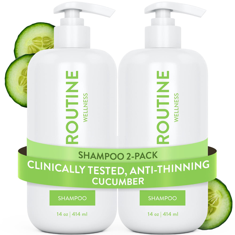 Routine Wellness anti-thinning shampoo bottle showing biotin benefits for stronger-looking hair