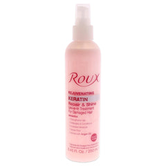 Roux Argan Oil Keratin Leave-In Bottle showcases nourishing shine and detangling power.