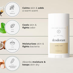 Rowe Casa Organics Vanilla and Mint ingredients highlight plant-based formula without aluminum.