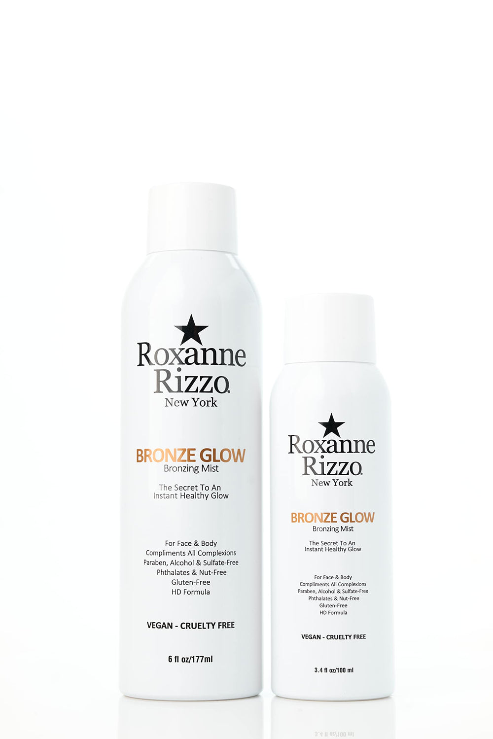 Roxanne Rizzo Bronze Glow Duo bottle front for instant face and body bronze.