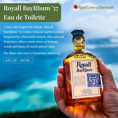Royall BayRhum ’57 base notes featuring cedarwood and amber warmth.