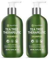 Roycederm Tea Tree Antifungal Shampoo bottle on a bathroom shelf for refreshing scalp care.