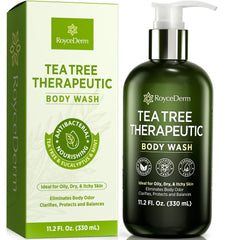 Roycederm Tea Tree Therapeutic Body Wash bottle pour for antibacterial cleansing