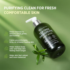 Roycederm Tea Tree Therapeutic Body Wash open bottle shows herbal blend